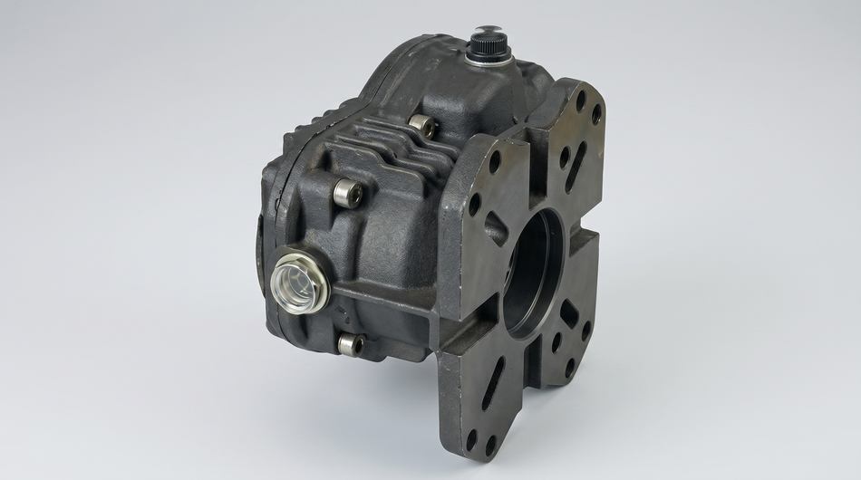 Heavy-duty cast-metal gearbox housing with machined mounting flange, inspection window, cooling fins, and fasteners.