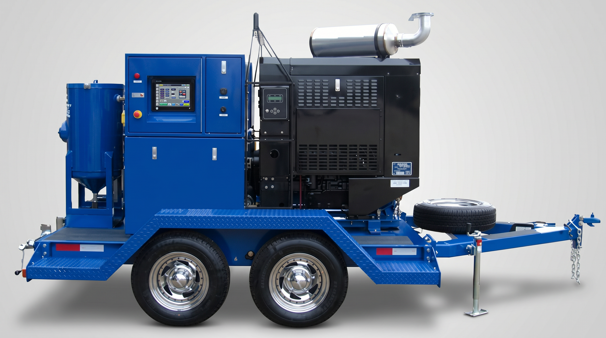 Trailer-mounted high-pressure water blaster with control panel, diesel power unit, water tank, and dual-axle frame.