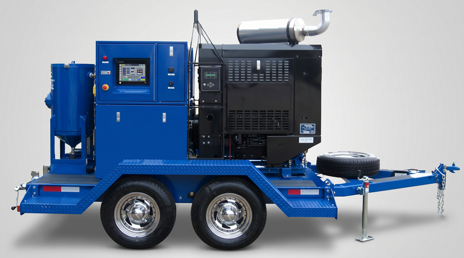 Trailer-mounted high-pressure water blaster with control panel, diesel power unit, water tank, and dual-axle frame.