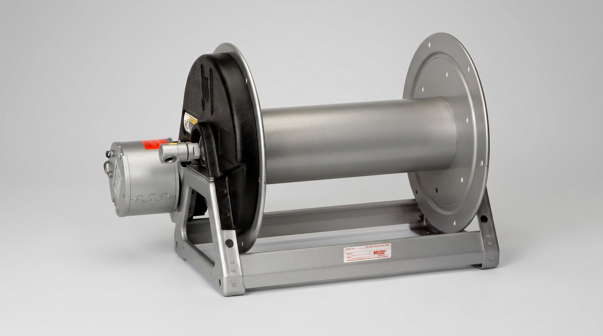 Heavy-duty powered hose reel with large steel drum, motor, and mounting frame.