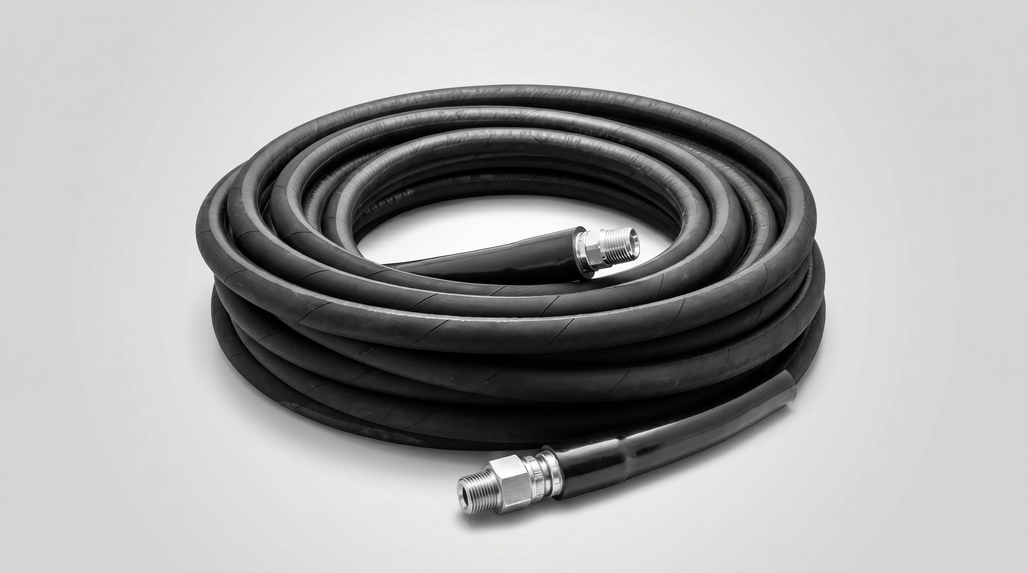Coiled black high-pressure washer hose with threaded metal fittings on both ends.