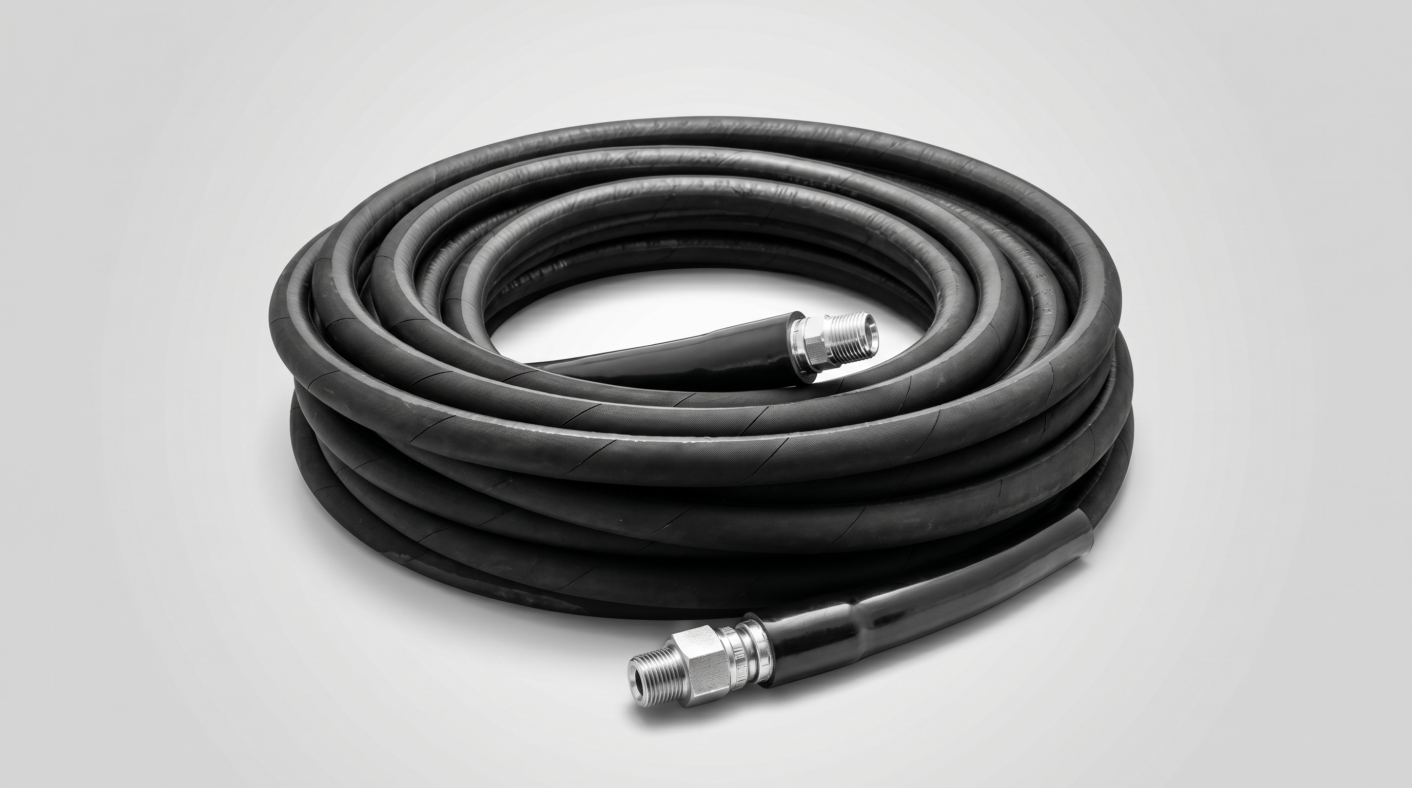 Coiled black high-pressure washer hose with threaded metal fittings on both ends.