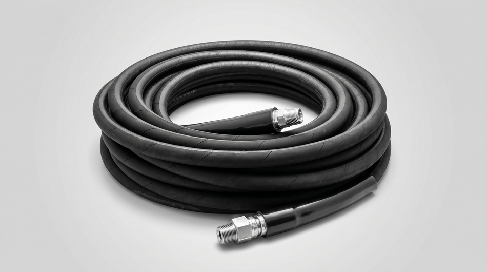 Coiled black high-pressure washer hose with threaded metal fittings on both ends.