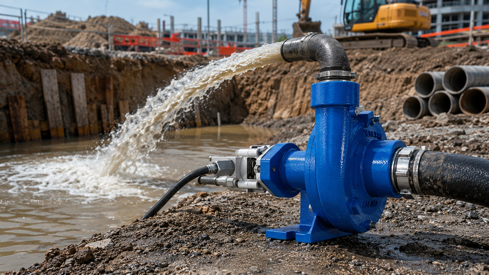 Blue hydraulic centrifugal pump removing muddy water from a construction excavation site.
