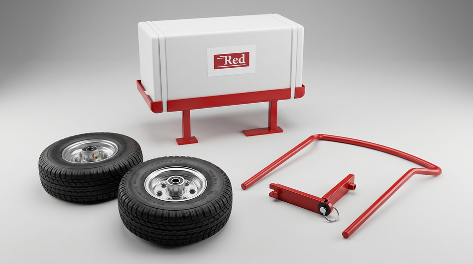 Hydrostatic line tester accessories, including wheels, storage box, red frame components, and mounting hardware.