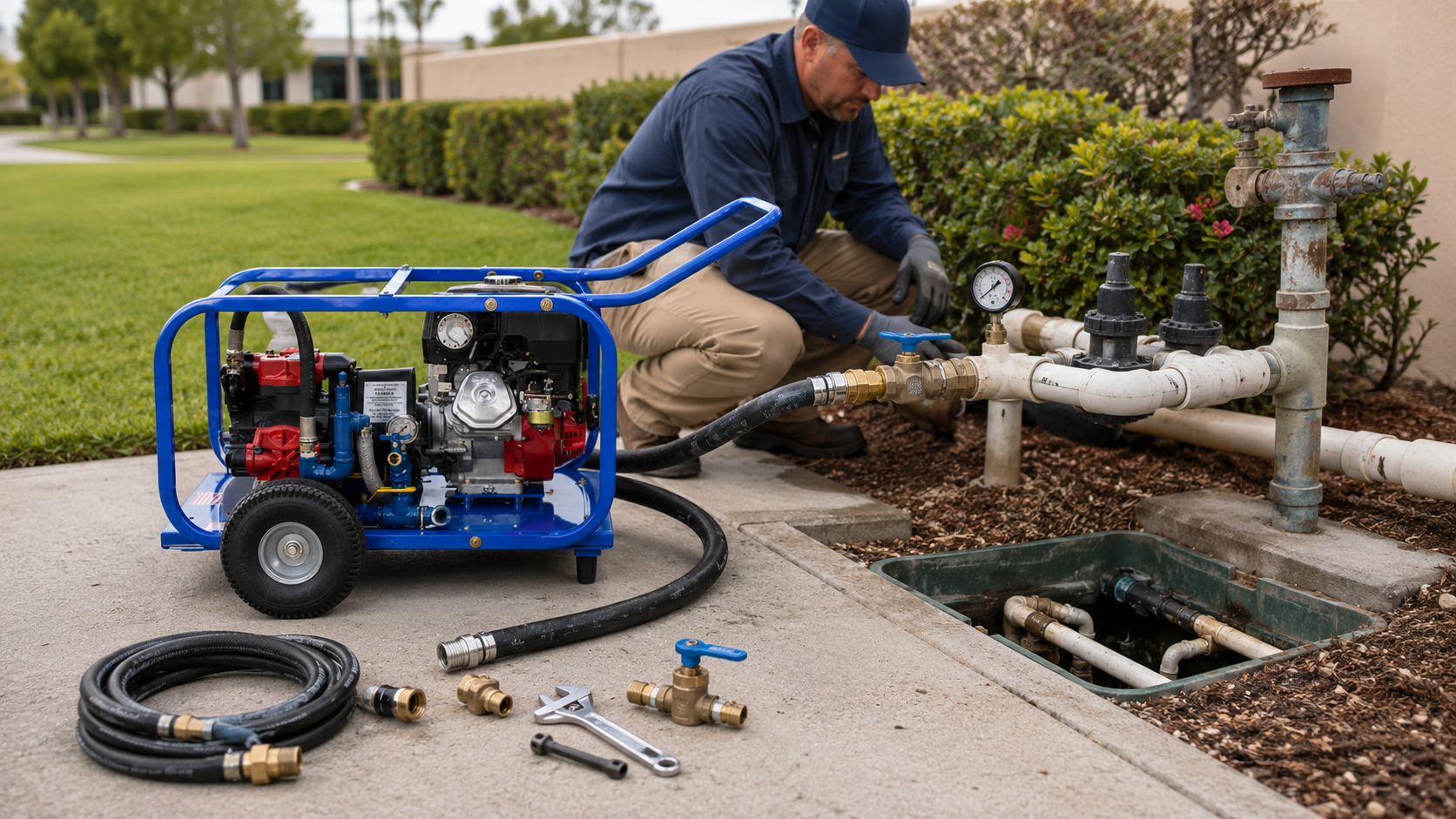Technician connecting a portable hydrostatic line tester to an outdoor commercial water system.