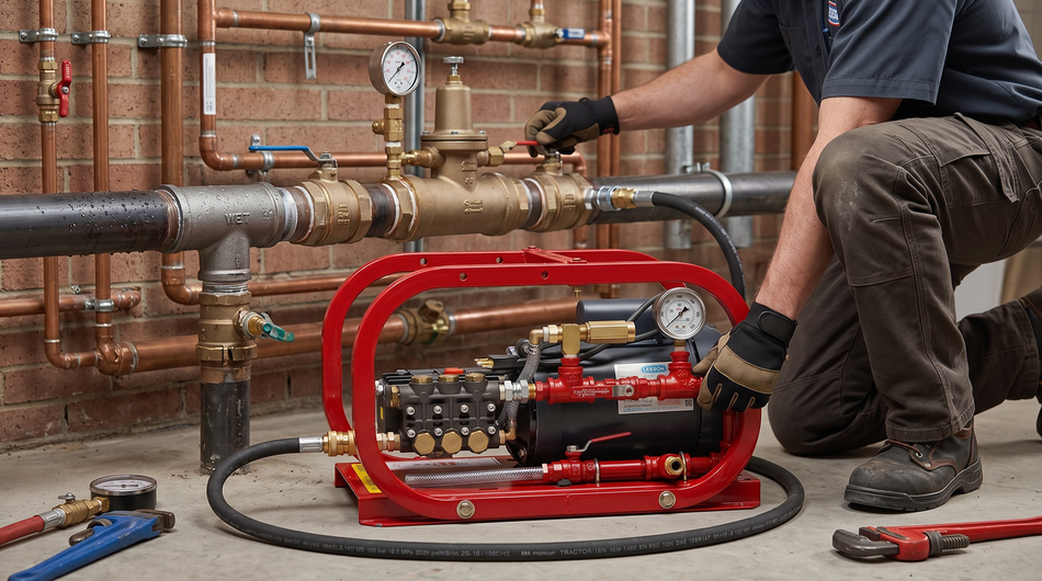 Technician operating a red hydrostatic test pump connected to an industrial piping system.