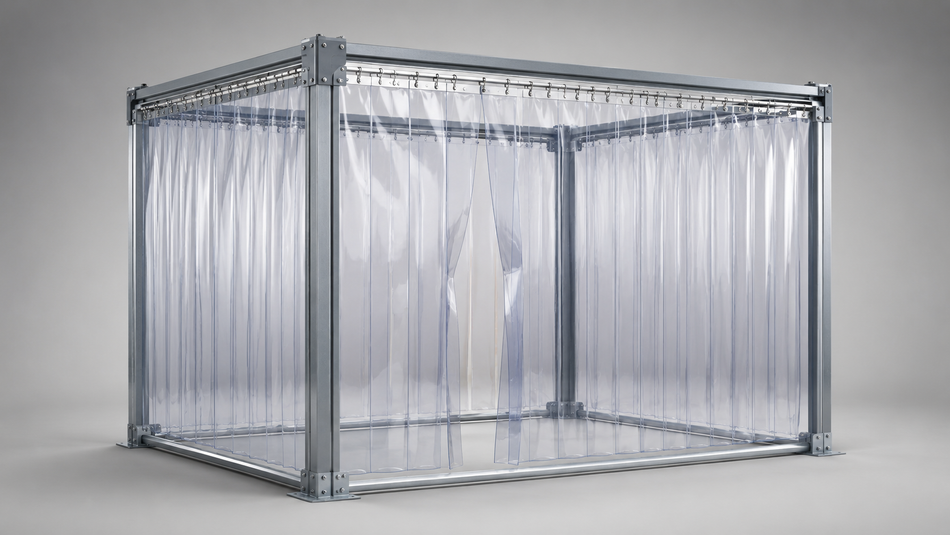Freestanding industrial enclosure with a metal frame and clear vinyl strip curtain walls.