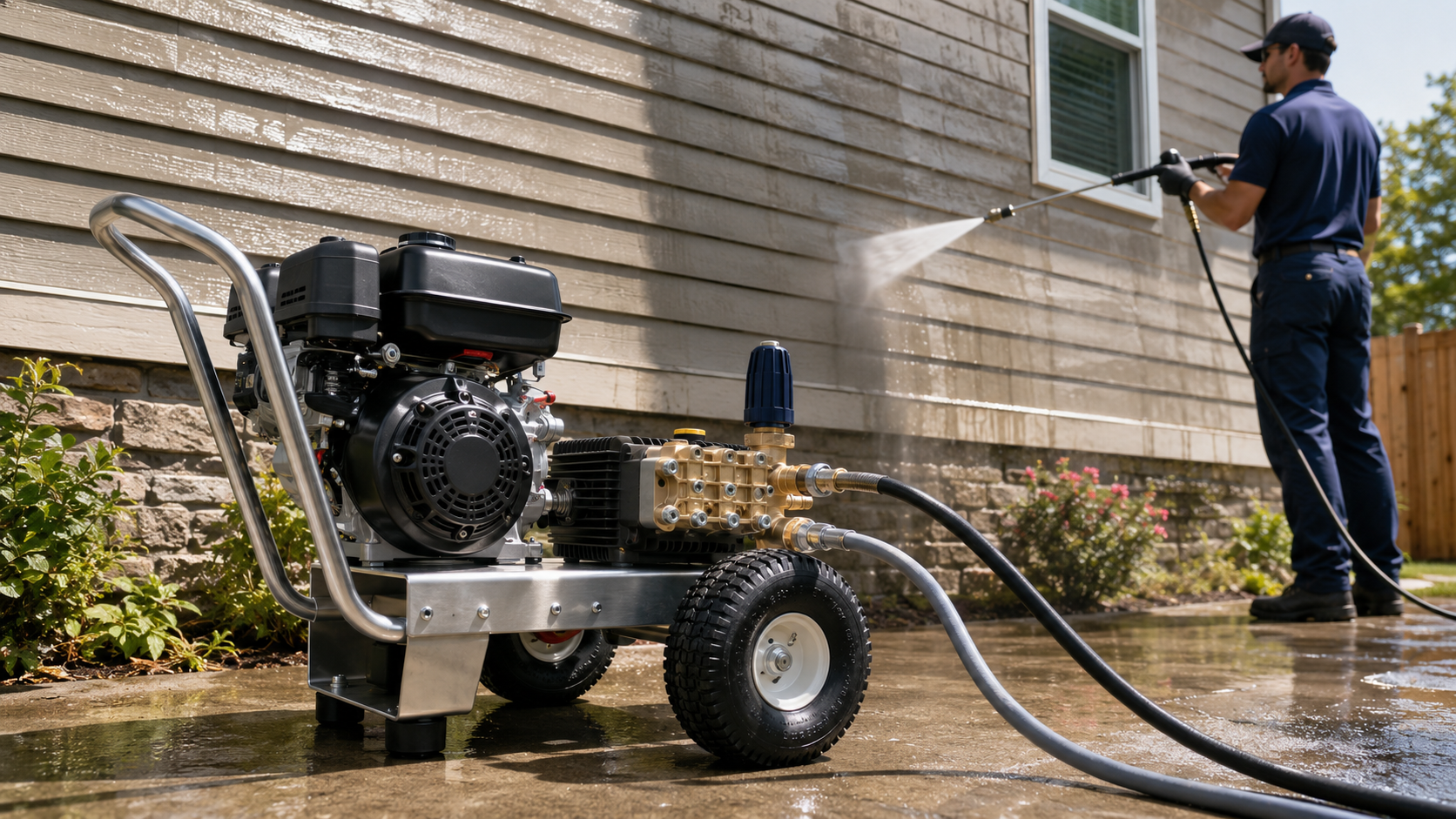Professional worker using a custom pressure washer with a high-pressure pump and regulator valve to clean exterior house siding.