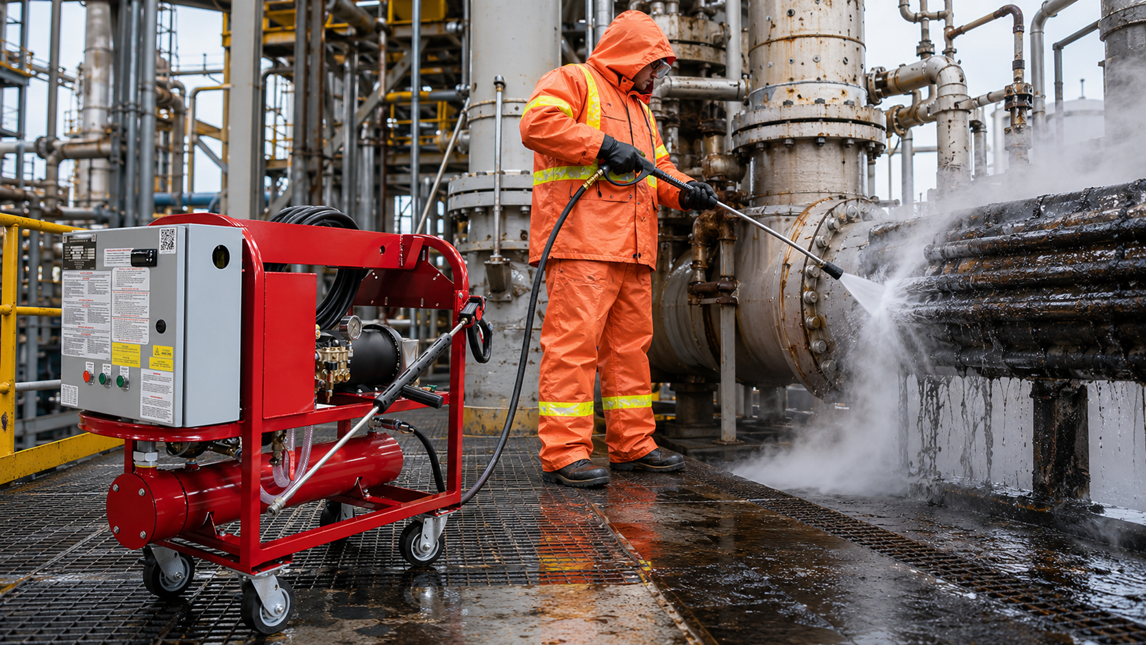 Refinery worker in a high-visibility waterproof suit using a high-pressure steam cleaner to remove oil and grease from industrial piping.
