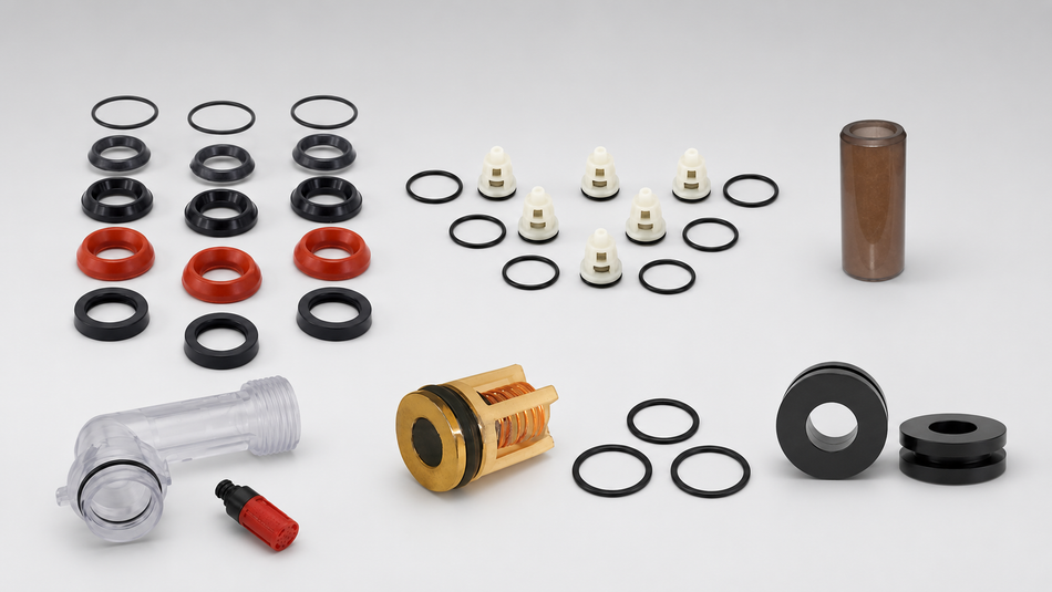 Assortment of pressure-washer replacement parts, including O-rings, seals, valves, filters, and internal pump components.