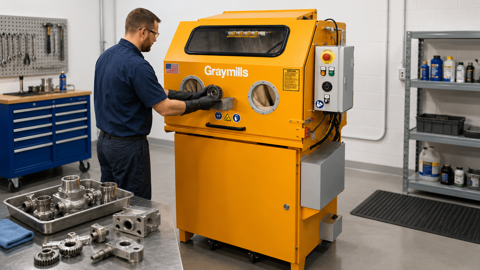 Technician loading metal components into an enclosed industrial parts washer in a maintenance workshop.