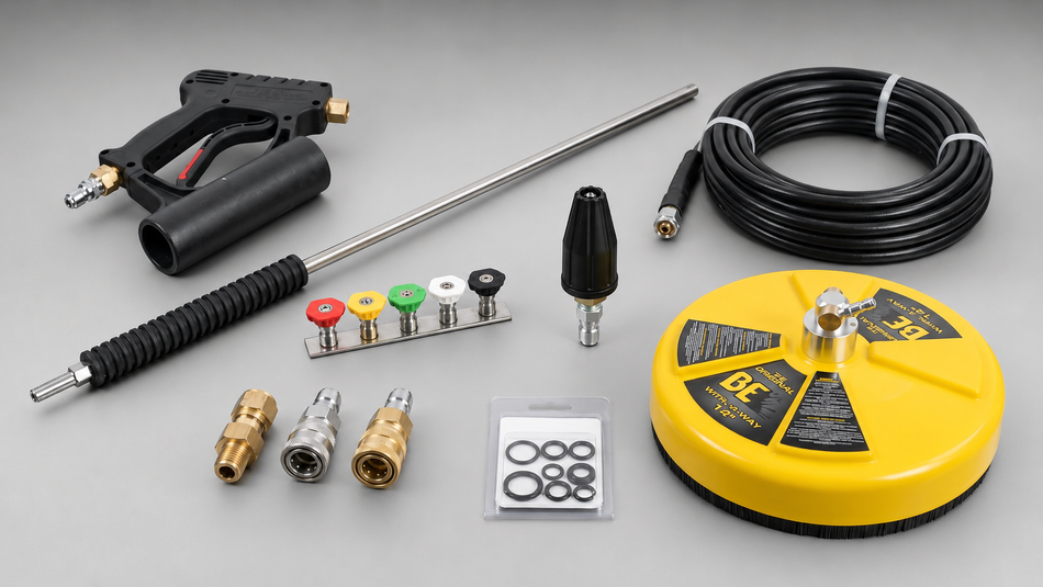 Pressure-washer accessory kit with spray gun, wand, hose, nozzles, couplers, O-rings, and surface cleaner.