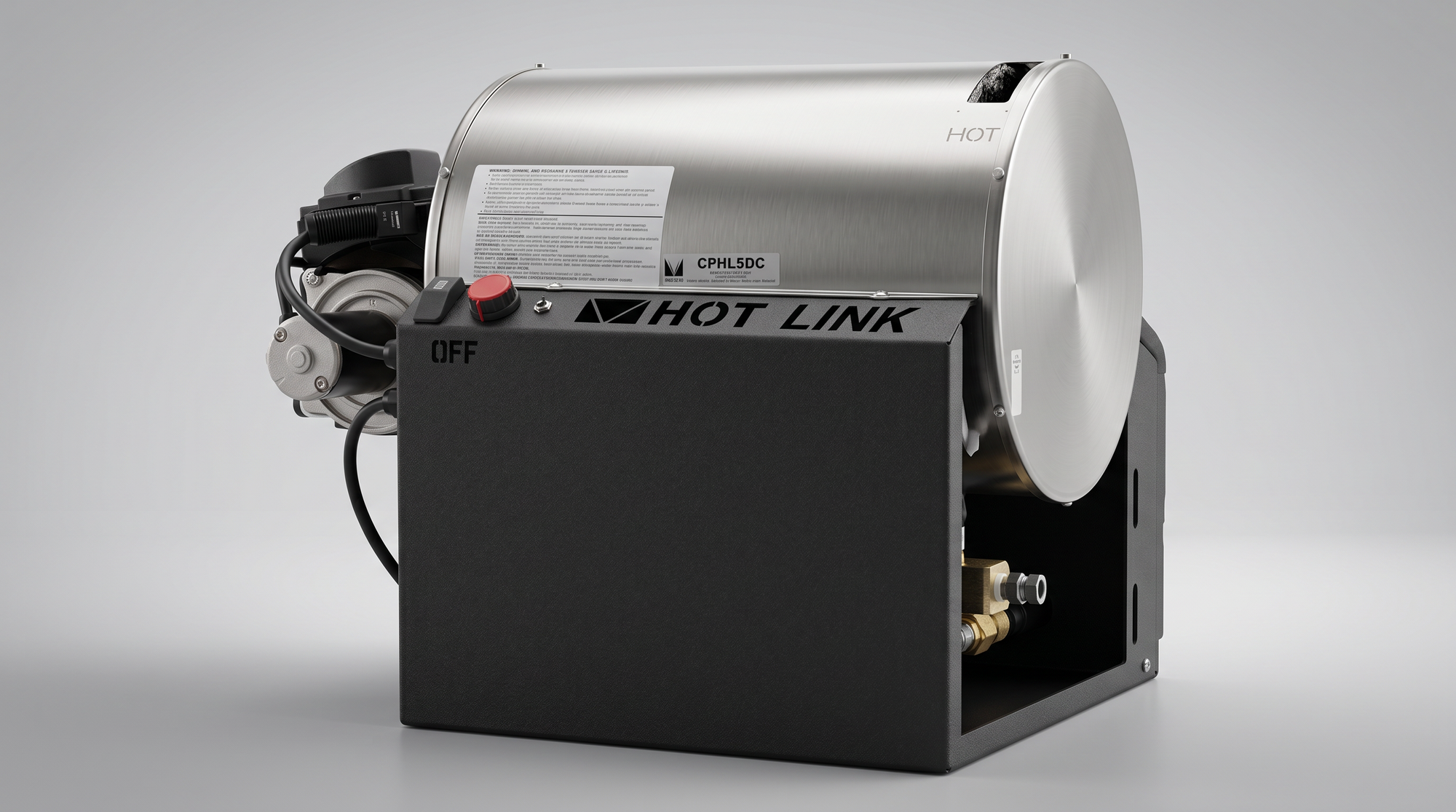 Compact pressure-washer burner and water-heater module with stainless steel heating coil housing and control enclosure.