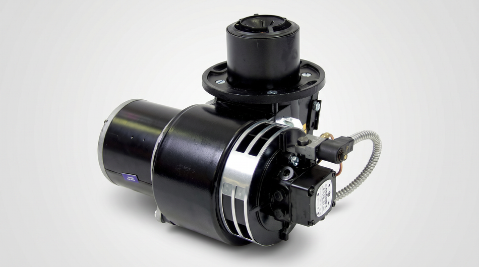 Industrial oil burner assembly with electric motor, blower housing, fuel valve, and flexible conduit.