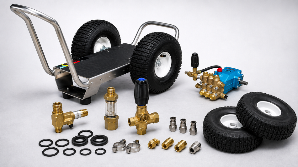 Pressure-washer replacement parts with cart frame, wheels, pump, valves, filters, seals, clamps, and quick-connect fittings.