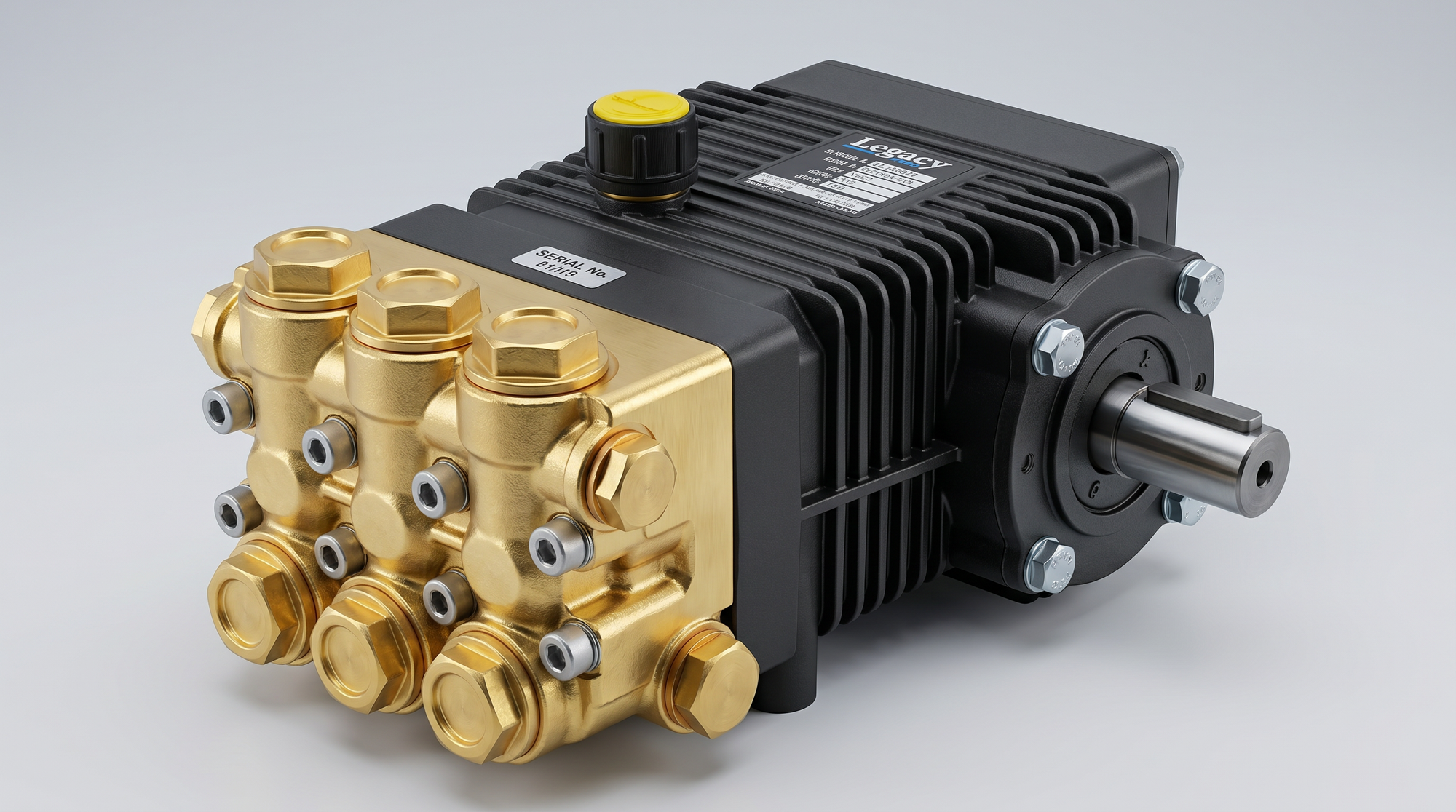 Heavy-duty triplex pressure-washer pump with brass manifold, black finned crankcase, oil cap, and keyed drive shaft.