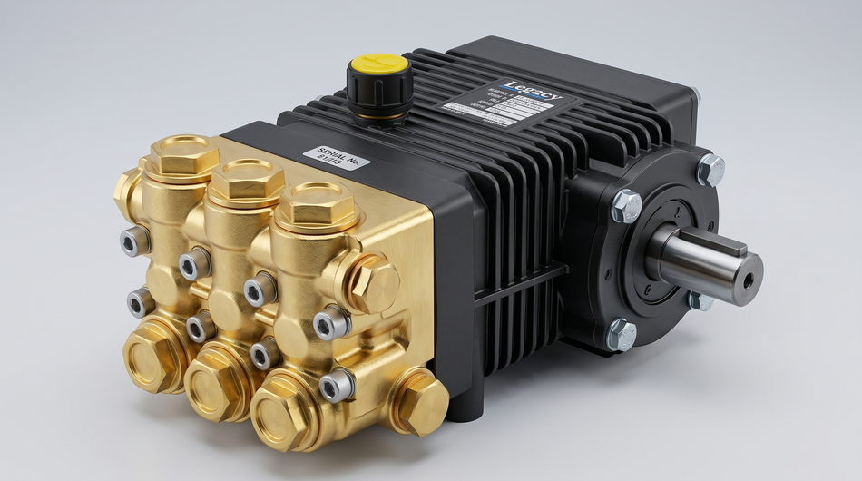 Heavy-duty triplex pressure-washer pump with brass manifold, black finned crankcase, oil cap, and keyed drive shaft.