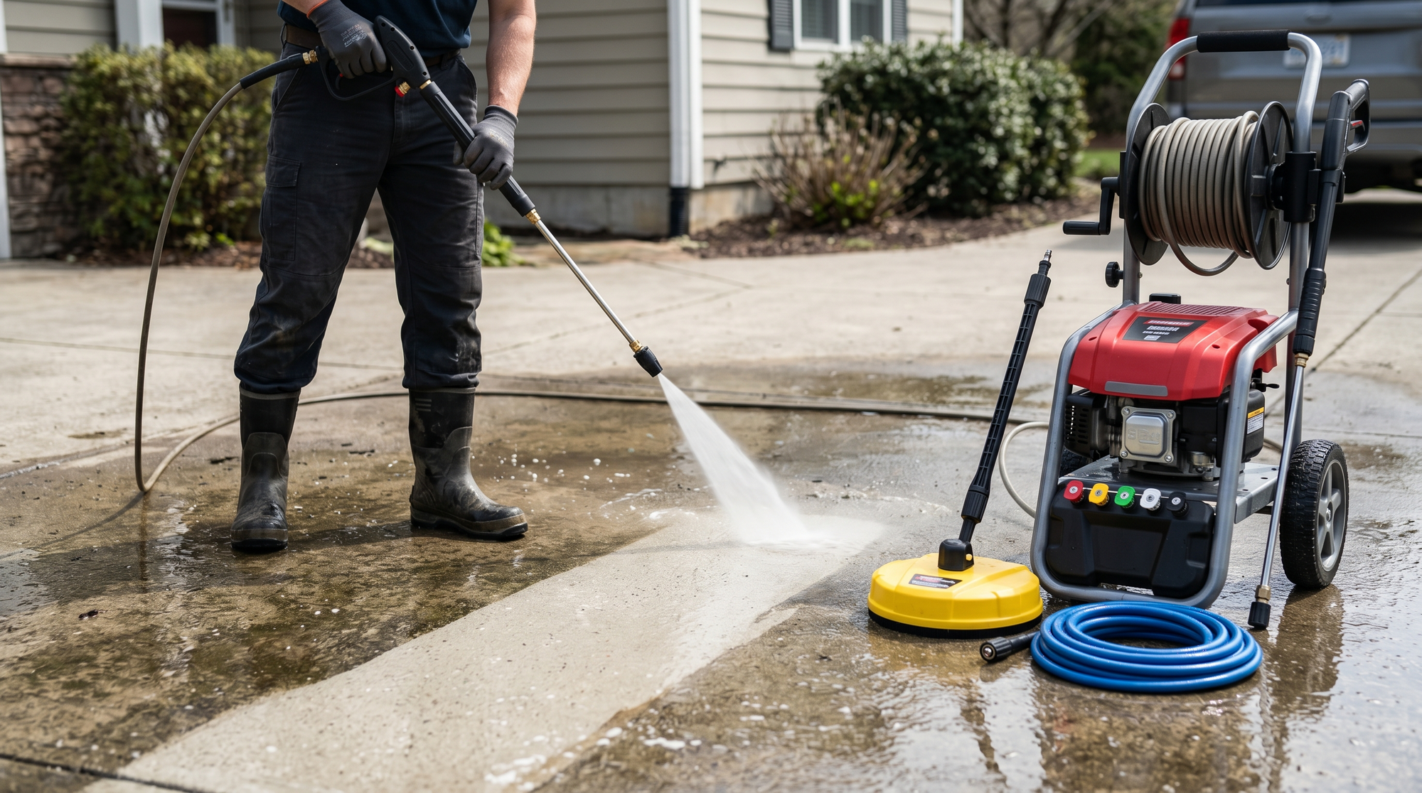 Operator using a gas-powered pressure washer and accessories to clean a residential concrete driveway.