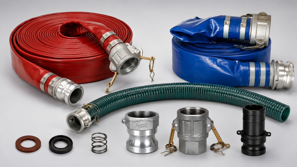 Assortment of pump hoses, cam-lock couplings, seals, springs, and replacement fittings.