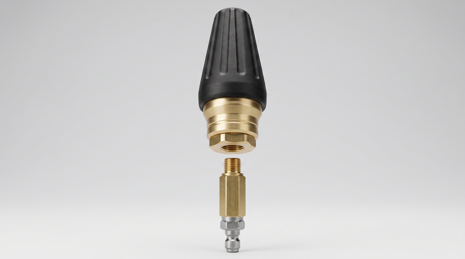 Rotary turbo nozzle with black protective housing, brass body, threaded adapter, and quick-connect fitting.