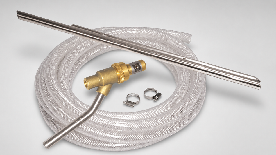 Pressure-washer sandblasting kit with clear reinforced hose, stainless steel pickup tubes, brass injector, and hose clamps.