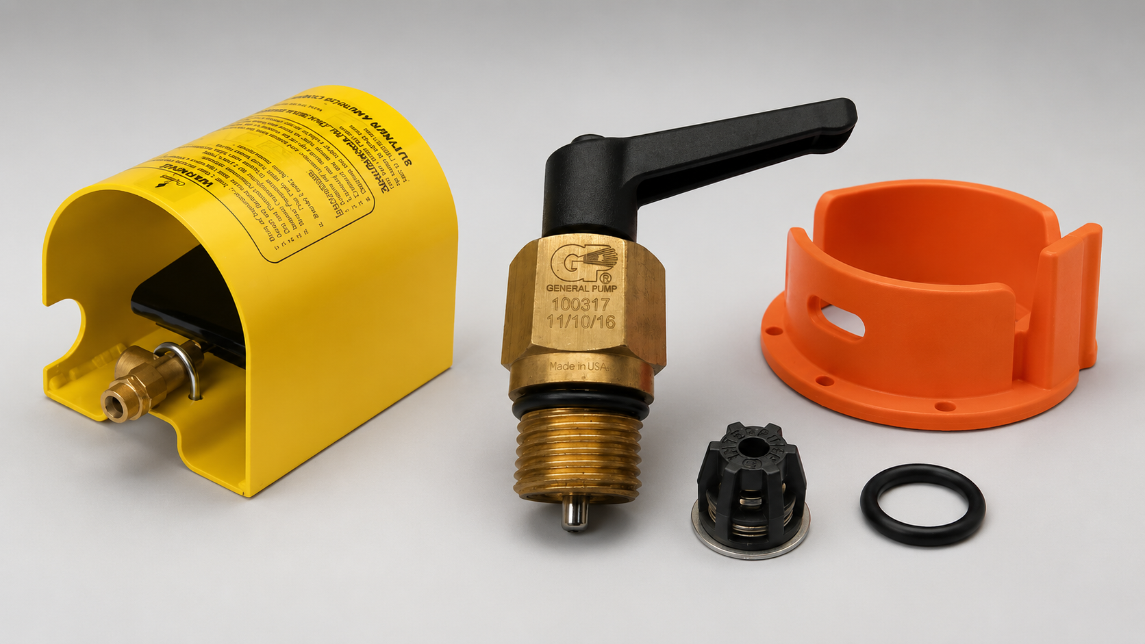 Assortment of sewer jetter accessories, including foot pedal guard, shutoff valve, hose guide, internal valve component, and O-ring.