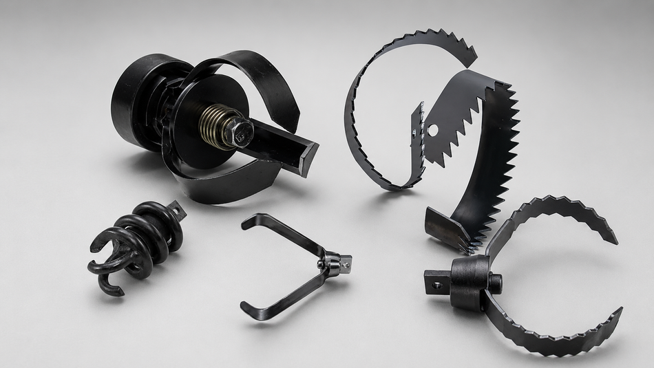 Assortment of black steel sewer jetter cutting heads with spiral, claw, and serrated root-cutting blades.