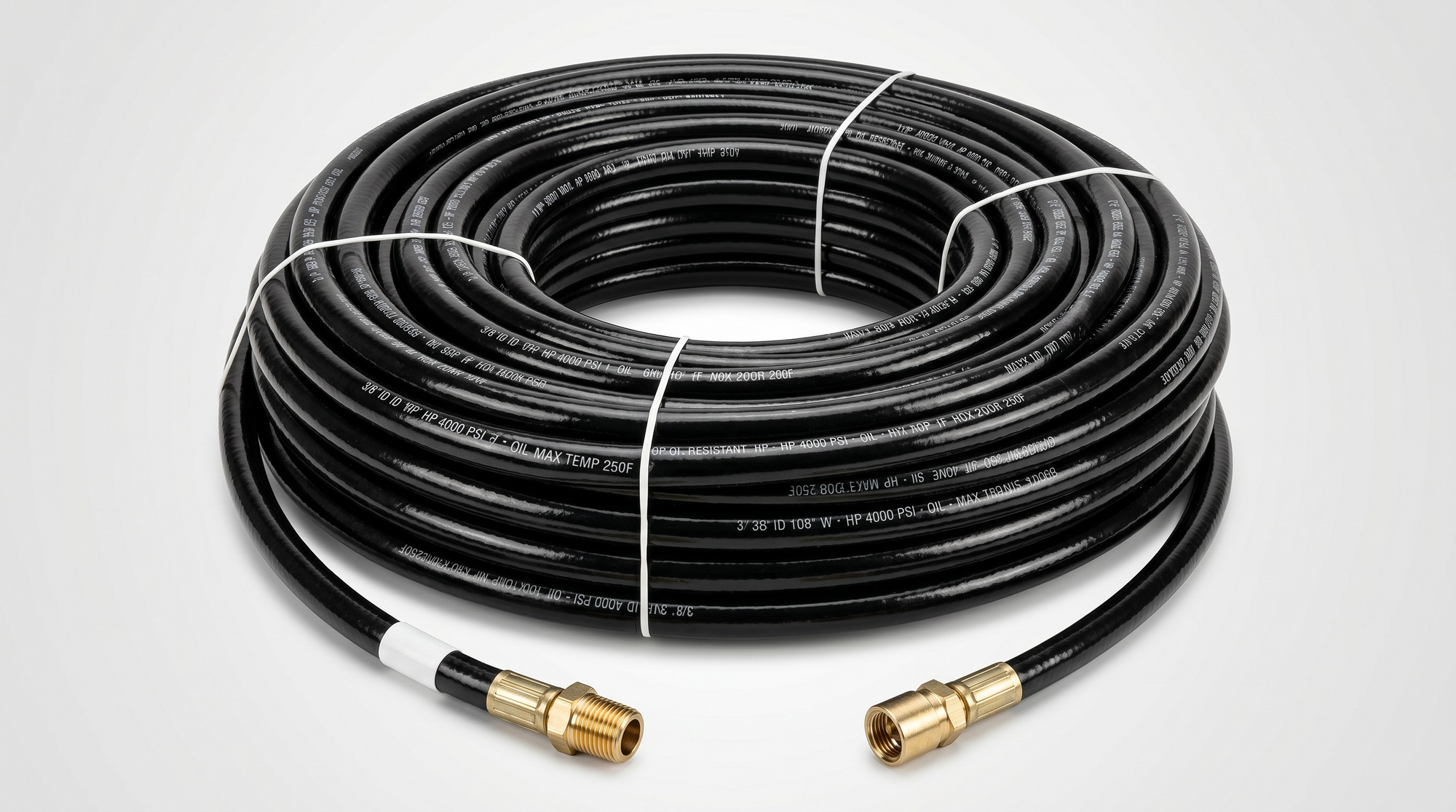 Coiled black high-pressure sewer jetter hose with brass male and female threaded fittings.