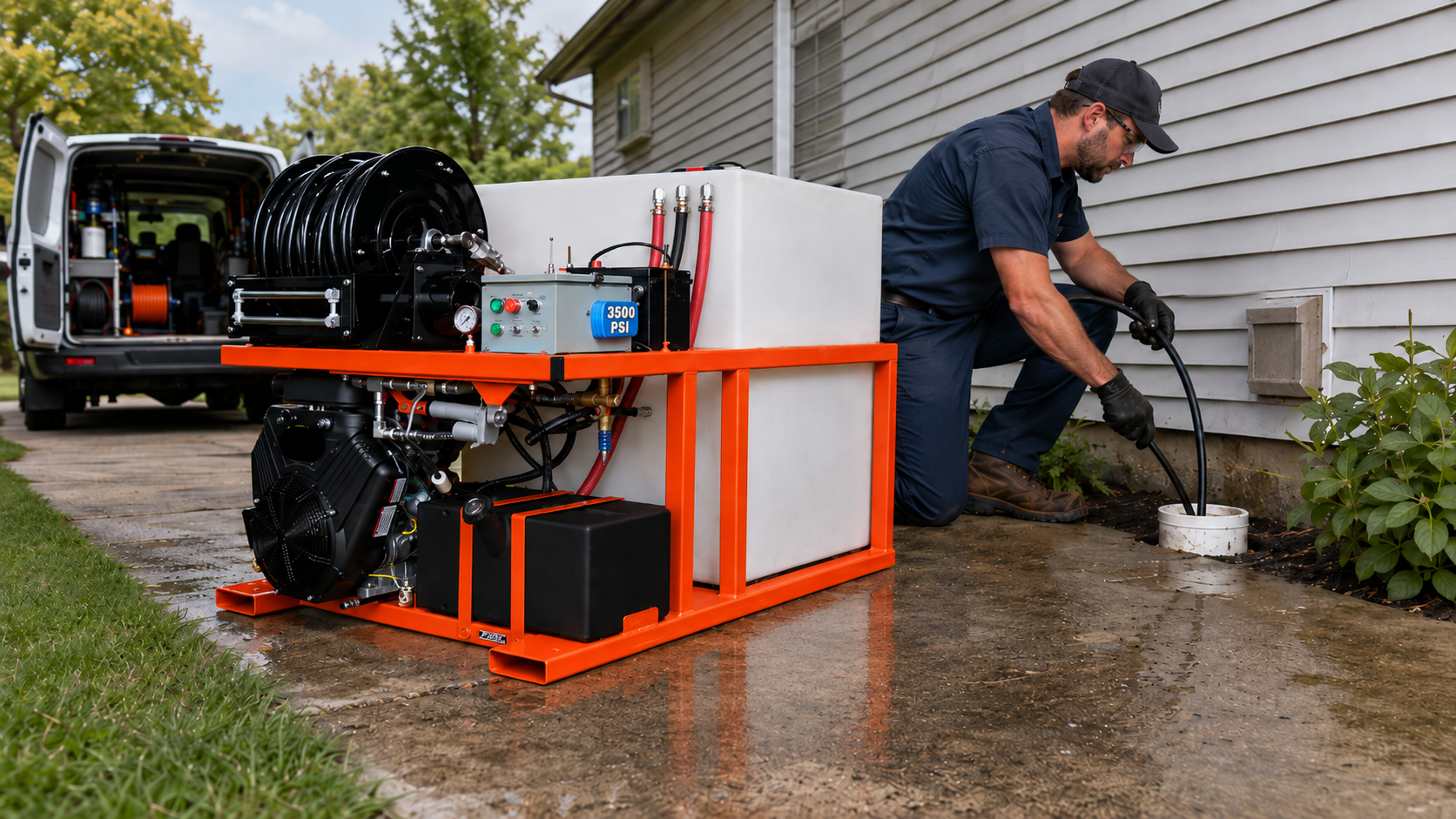 Technician operating a skid-mounted sewer jetter and feeding a high-pressure hose into a residential drain cleanout.