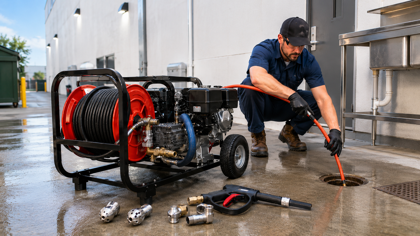 Technician using a commercial sewer jetter to feed a red high-pressure hose into a floor drain.