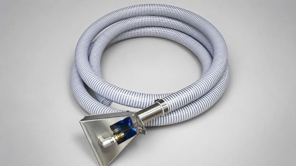 Sludge pump or muck scupper with corrugated suction hose, stainless steel intake head, and water-powered jet assembly.