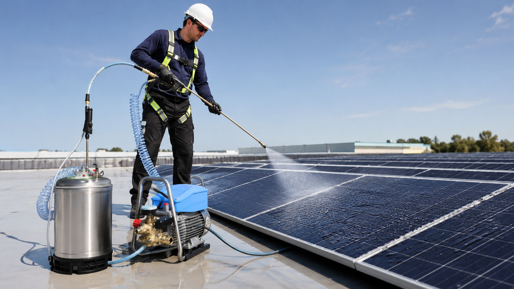 Professional technician using a low-pressure chemical sprayer and portable pressure washer to gently clean rooftop solar panels.