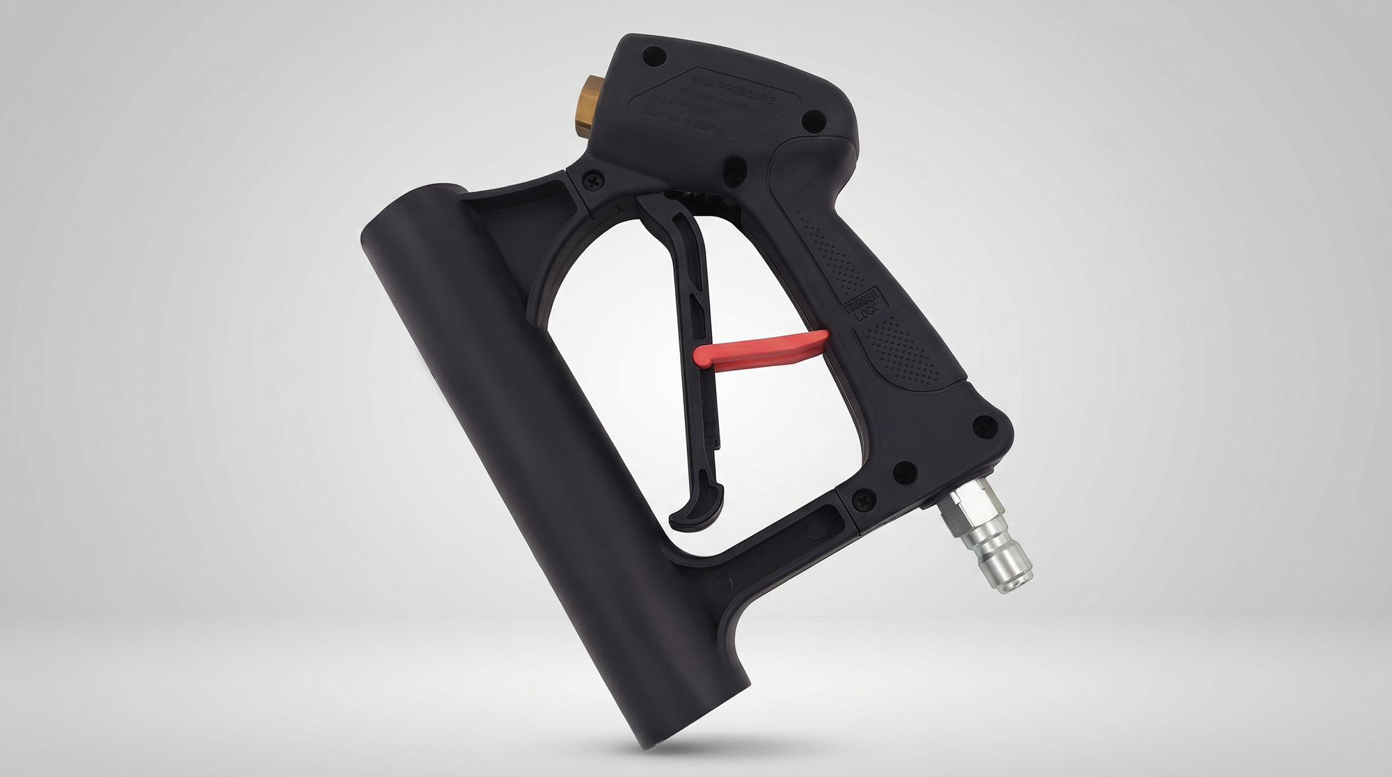 Black pressure-washer trigger gun with red safety lock, side grip, and quick-connect inlet fitting.