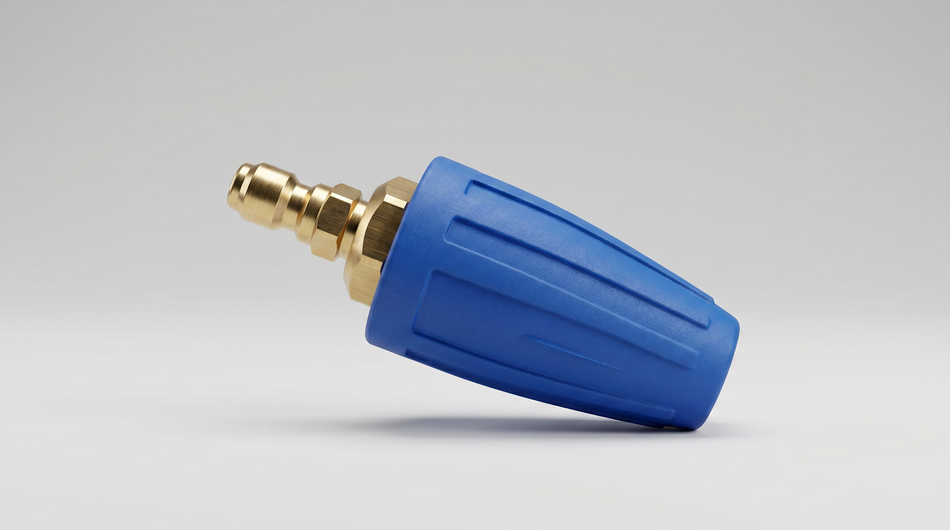Blue high-pressure spray nozzle with brass body and quick-connect plug.
