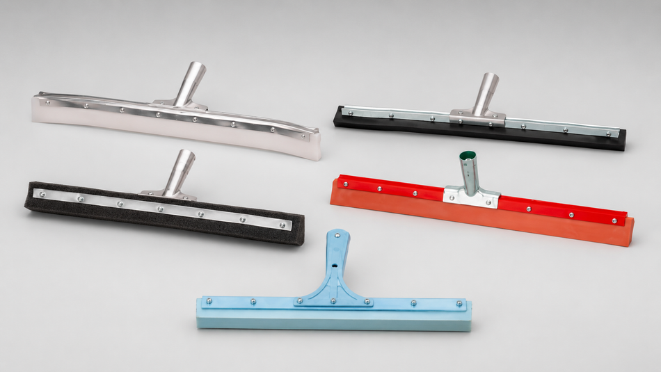 Assortment of commercial floor squeegees with rubber, foam, and plastic blades in multiple sizes and colors.