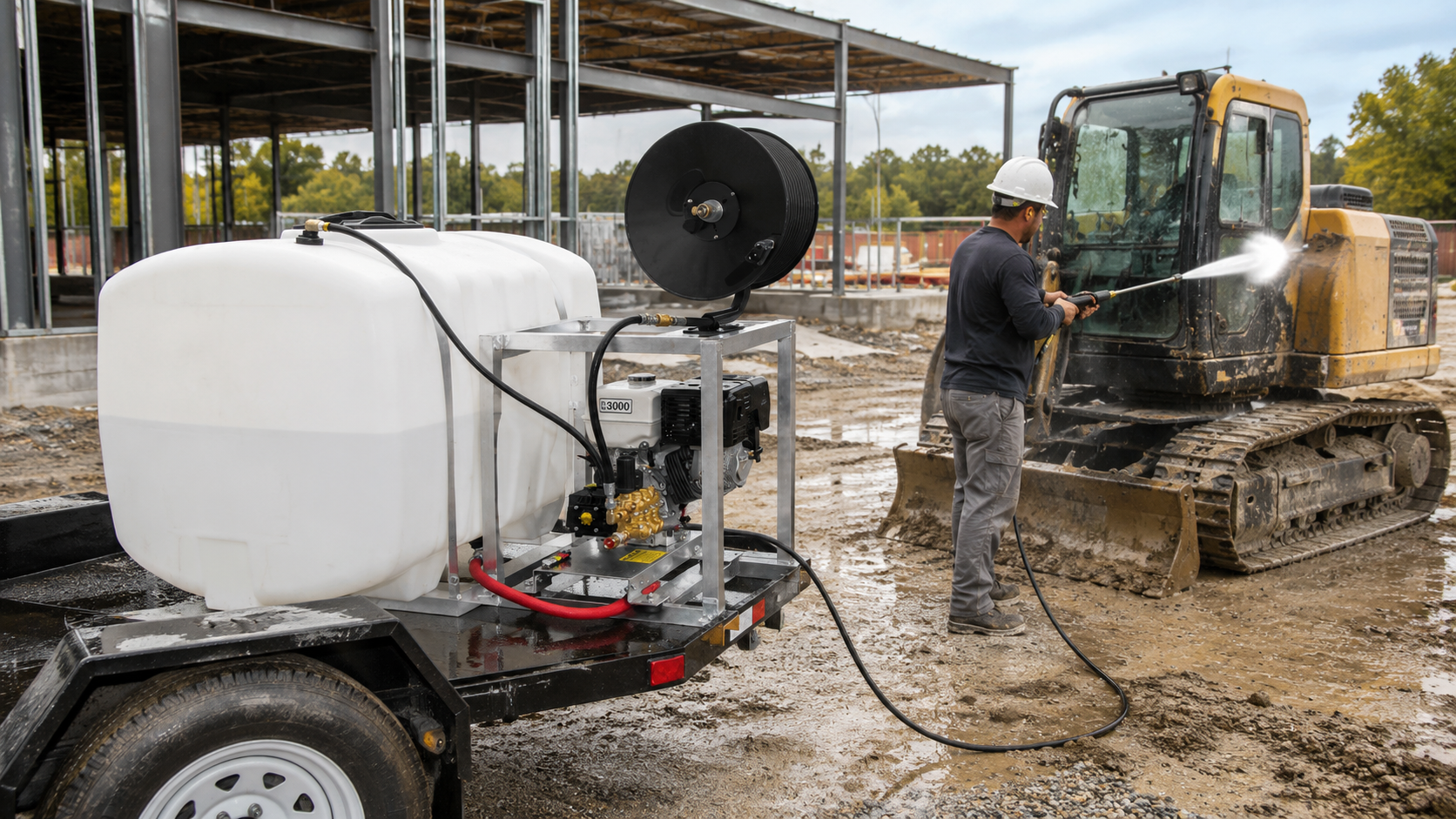 Mobile pressure washer trailer with integrated water tank in use at a construction site, as a worker cleans a muddy excavator.