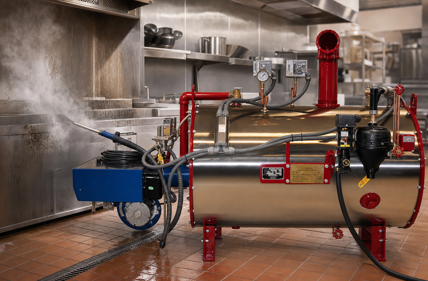 Industrial steam generator with stainless steel tank, red piping, gauges, controls, and connected cleaning wand in a commercial kitchen.