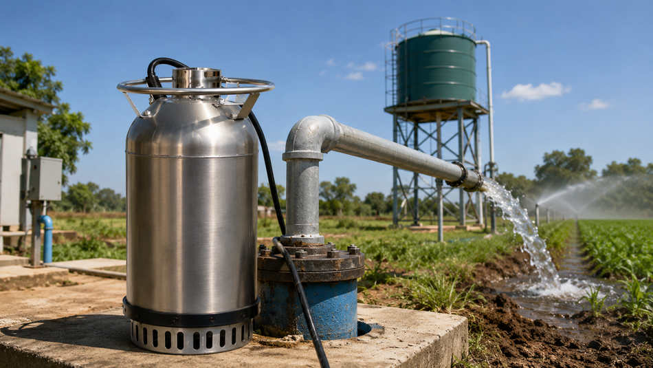 Stainless steel submersible pump supplying water to an agricultural irrigation system.