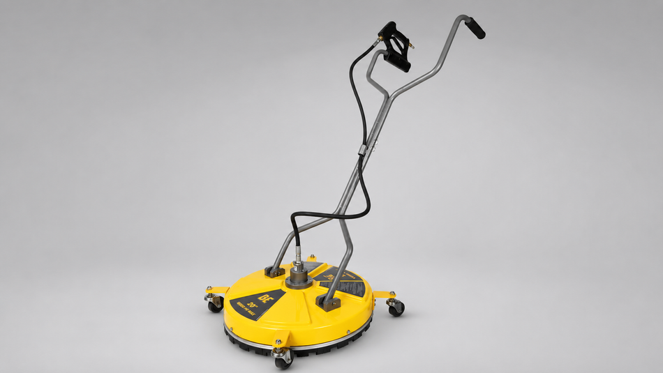 Yellow wheeled pressure-washer surface cleaner with dual handles, trigger gun, hose, and protective brush skirt.