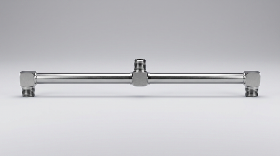 Stainless steel surface-cleaner spray bar with center inlet and angled threaded nozzle connections.