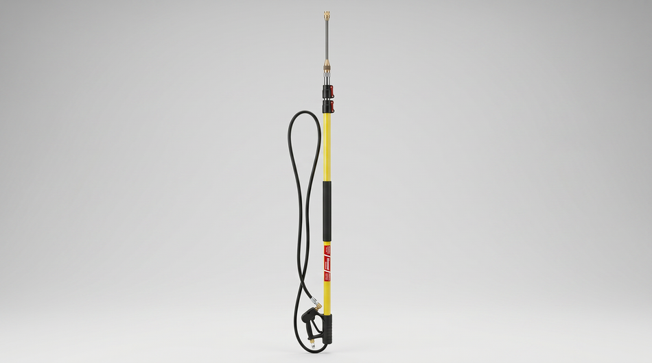 Telescoping pressure-washer wand with yellow extension pole, spray gun, hose, and brass nozzle fitting.