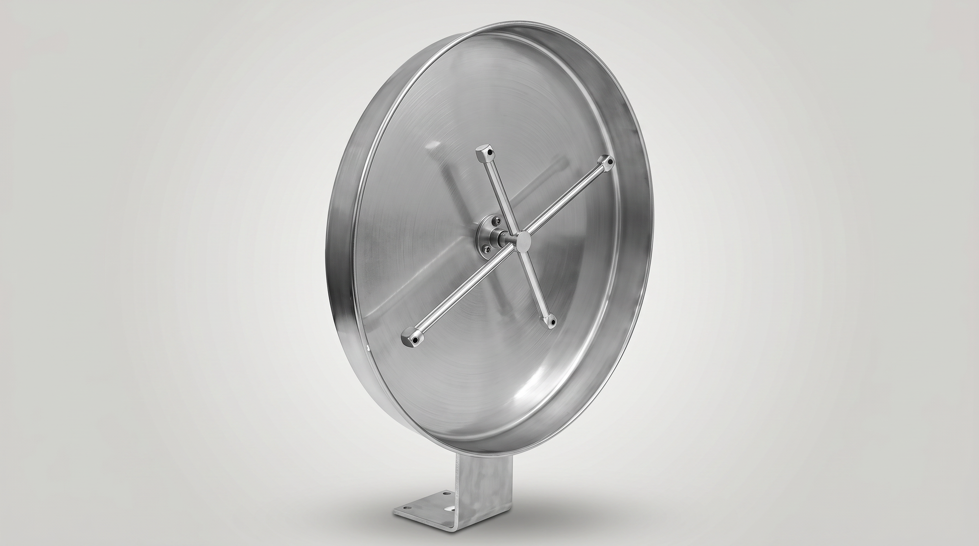 Stainless steel tire cleaner assembly with four rotating spray arms and a mounting bracket.