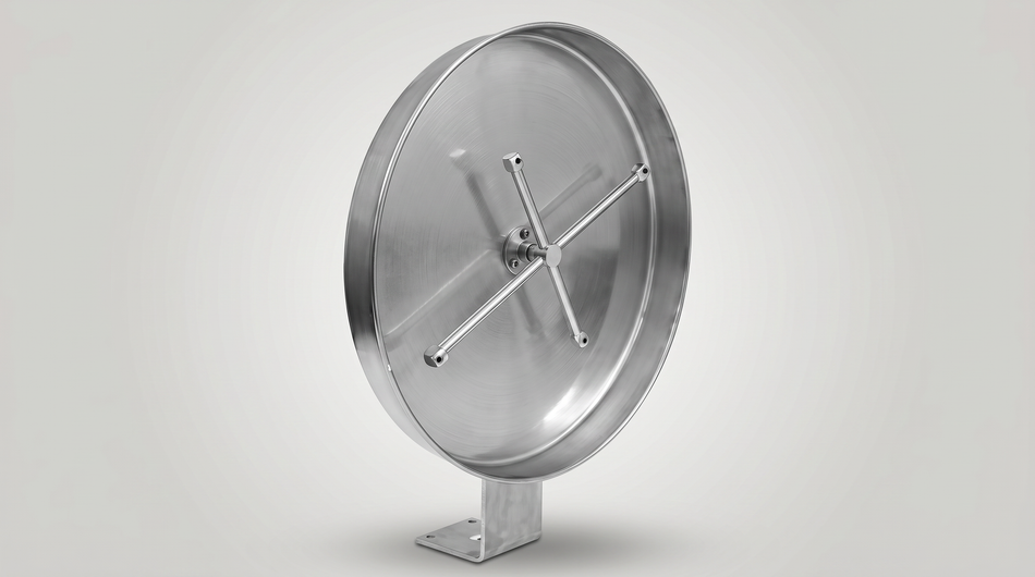 Stainless steel tire cleaner assembly with four rotating spray arms and a mounting bracket.