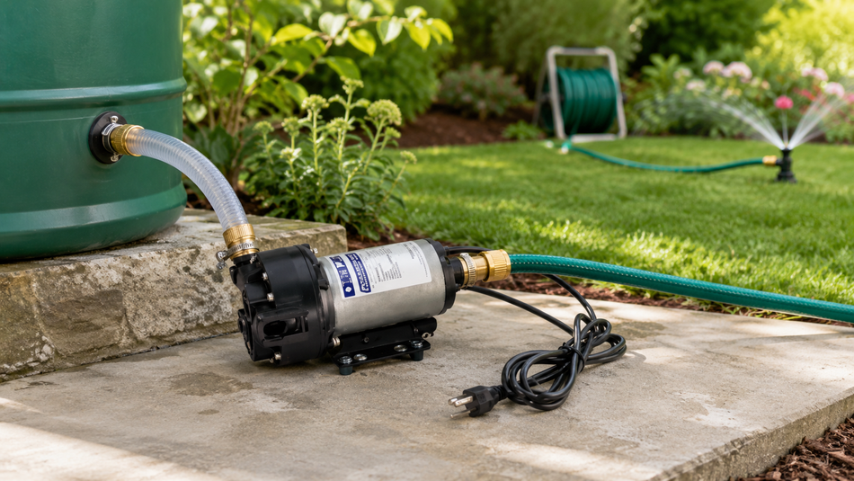 Electric transfer pump moving water from a storage barrel to a garden sprinkler.