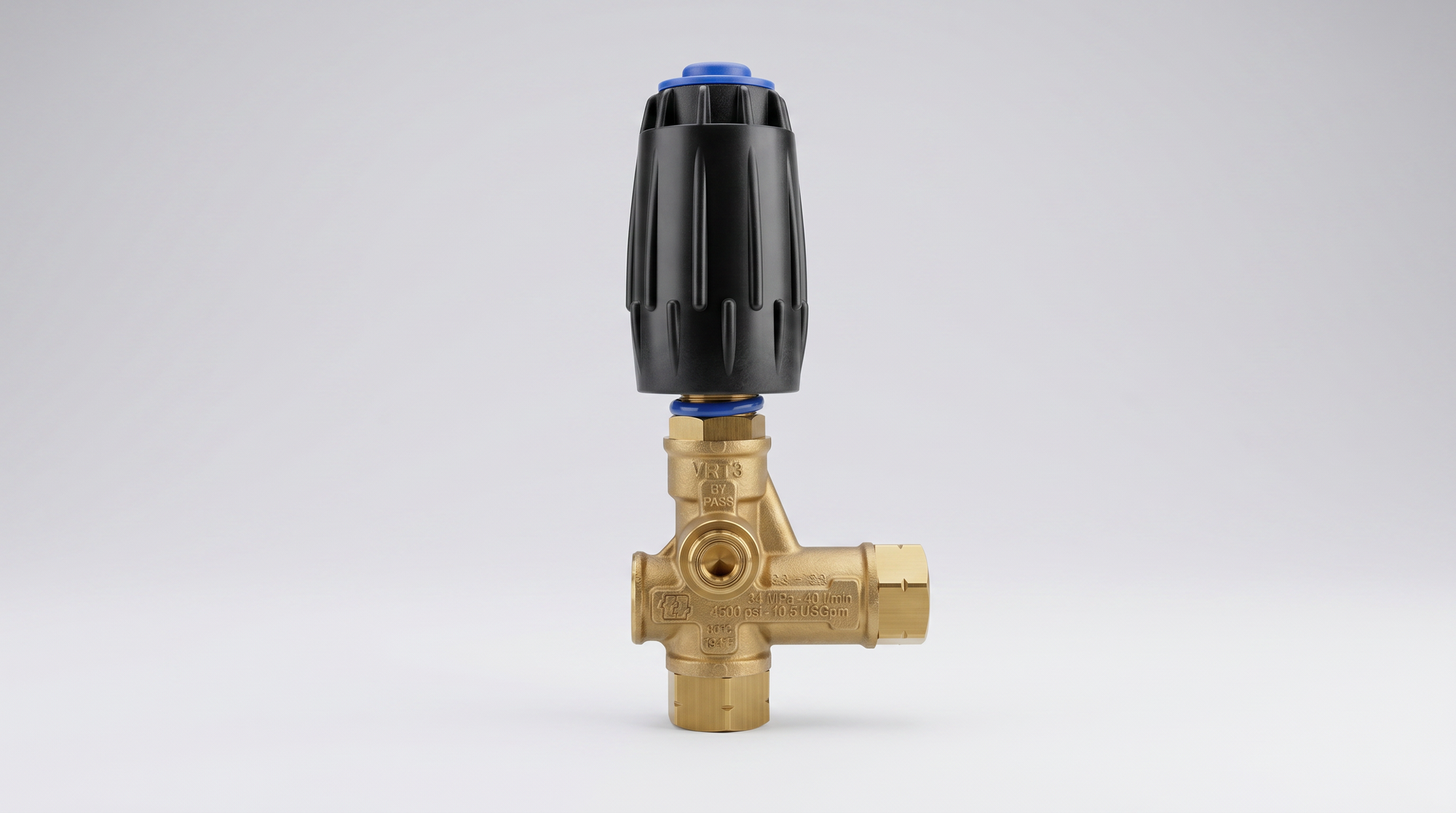 Brass adjustable unloader valve with black control knob and multiple threaded pressure ports.