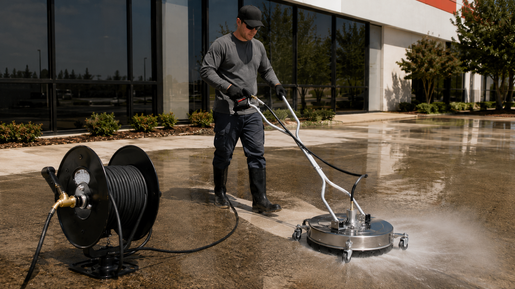 Professional cleaner using a stainless-steel surface cleaner connected to a foreground hose reel outside a commercial building.