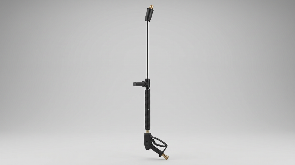 Pressure-washer spray gun and stainless steel lance with insulated grip, side handle, and brass nozzle fitting.