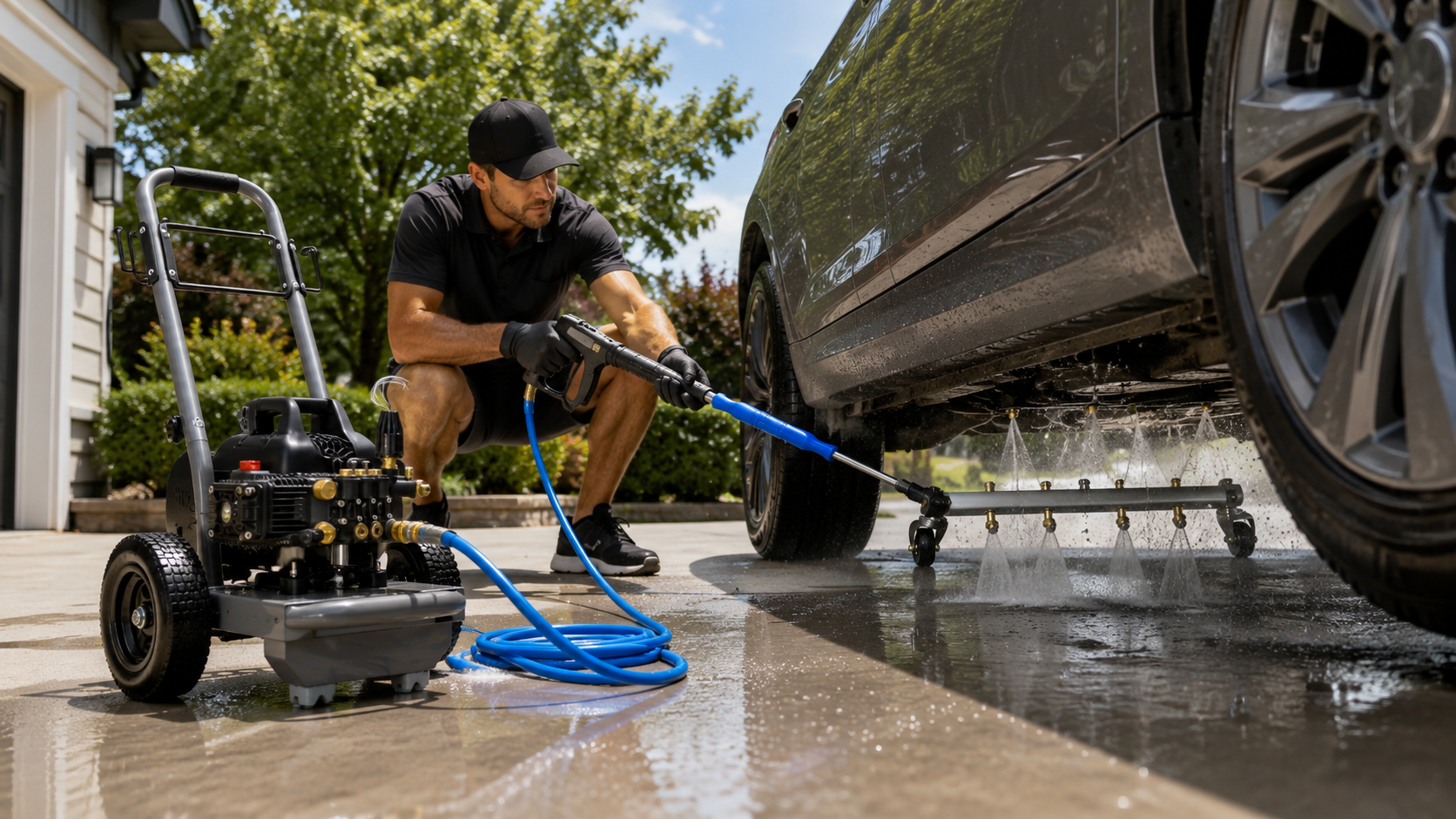 Person using a pressure washer, blue high-pressure hose, trigger gun, wand, and undercarriage cleaner to wash beneath a car.