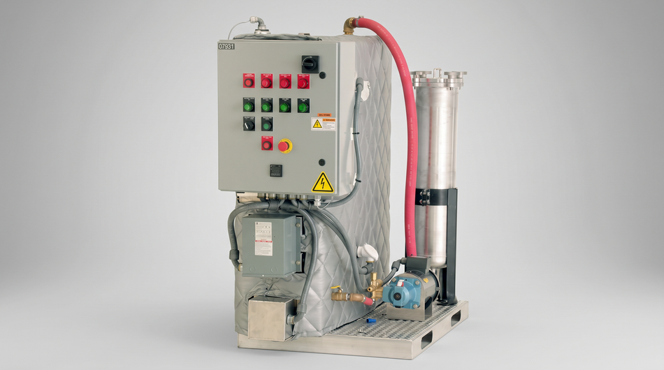 Industrial wastewater treatment system with control panel, insulated tank, filter housing, circulation pump, and connecting hose.